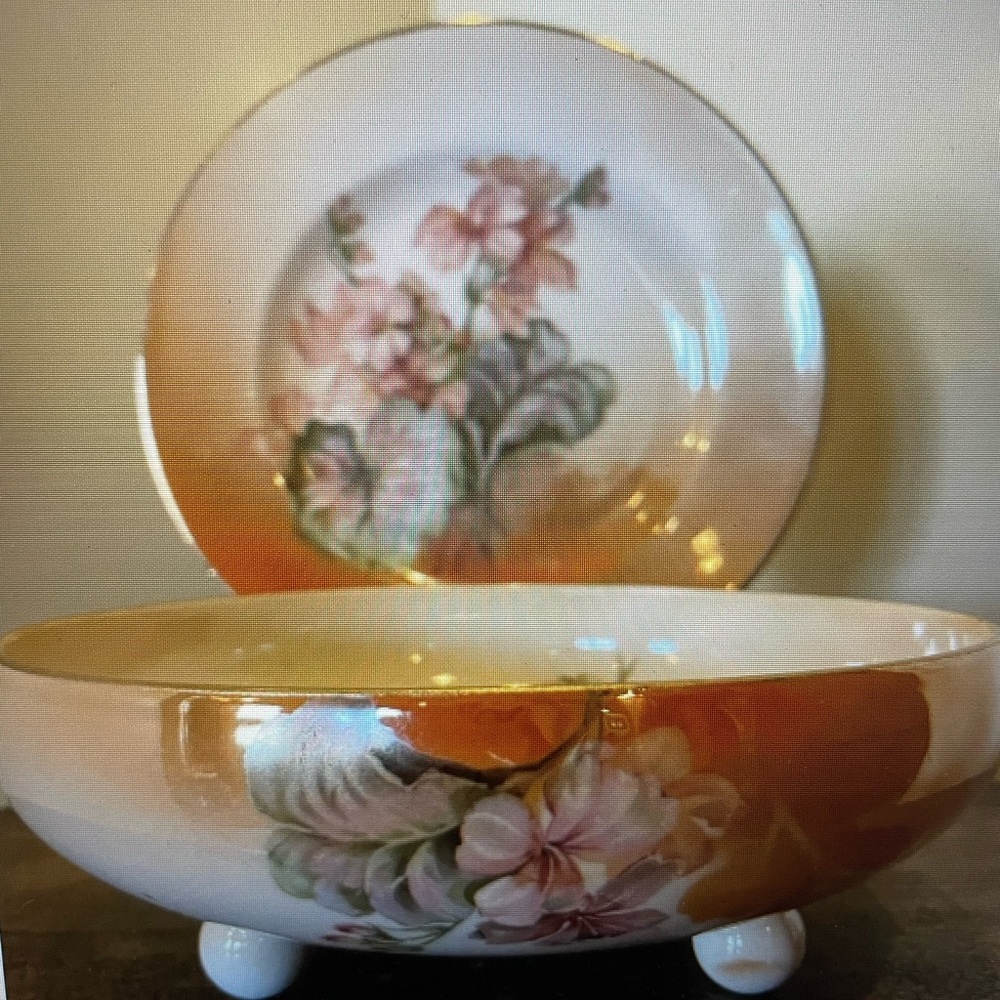 RS Germany Antique Luster Porcelain Strainer Colander Berry Bowl w/Underplate